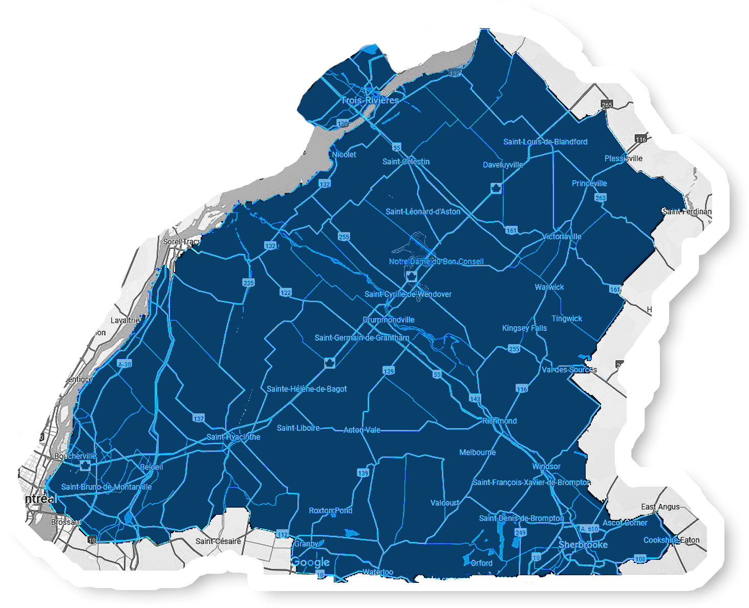 carte du territoire desservi par Toitures Daniel